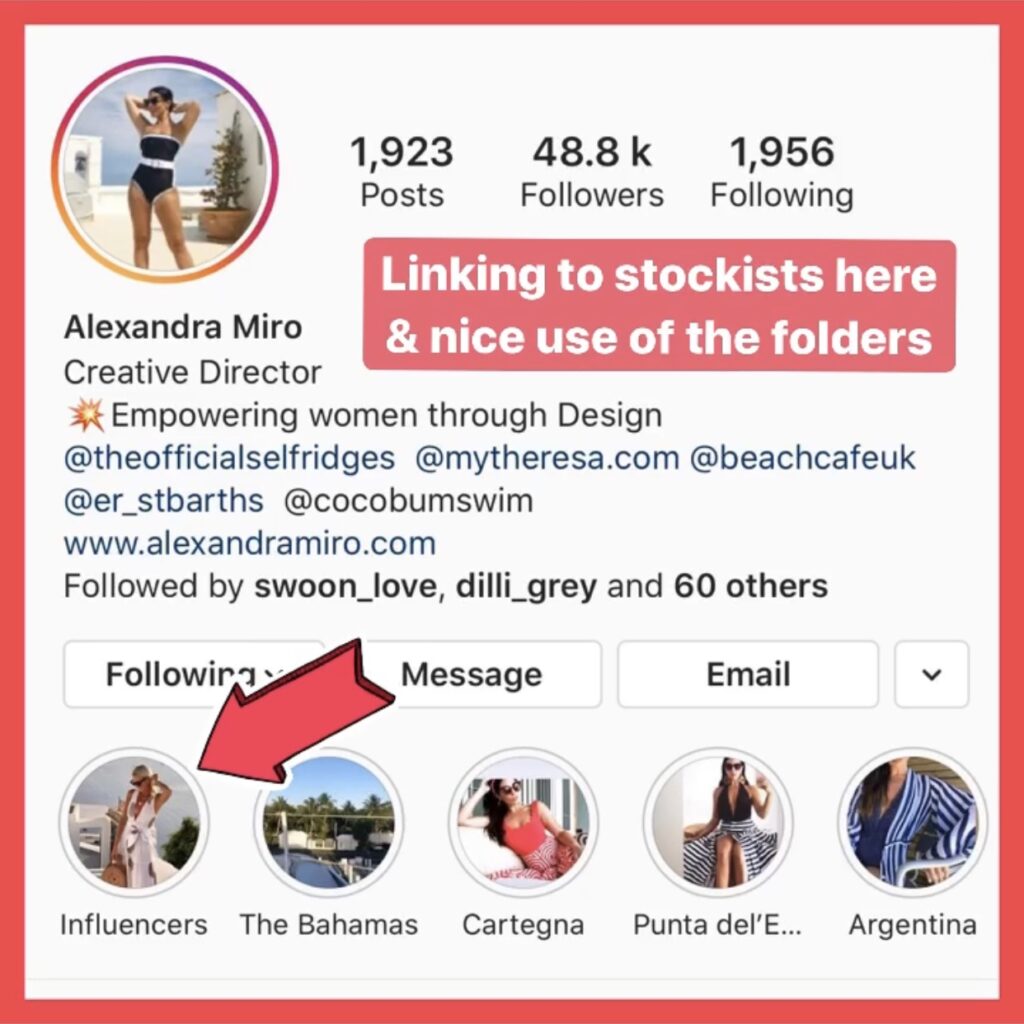 Instagram bio for fashion brands Alexandra Miro