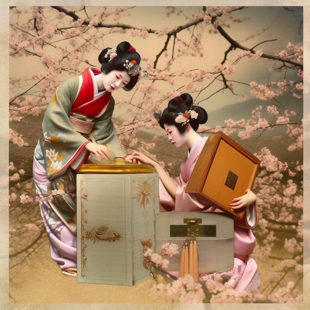 two geisha discovering riches in Pandora's box